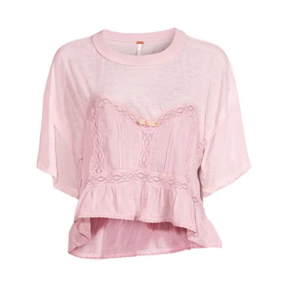 NEW Free People Fall In Love Tee Lilac Wine Oversized Crop Lace Ruffle Hem Small